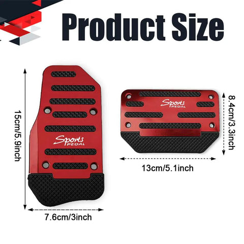 Two Pack Non Slip Car Pedal Covers With Premium Aluminum Alloy Gas And Brake Pedals And Rubber Inserts, dimensions shown