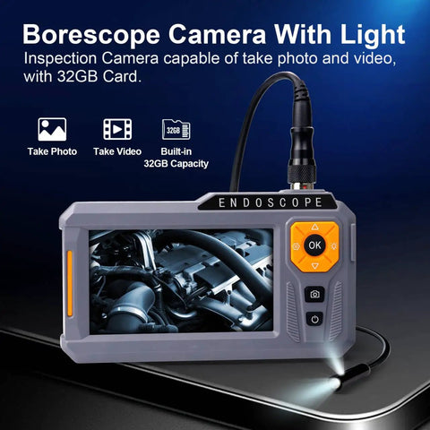 Dual Lens 5 Inch IPS Endoscope Camera With Light Waterproof SemiRigid Cable Borescope Inspection Tool With 32GB Card For Photo And Video Recording Ideal For Automotive Plumbing Drain And Wall Inspections, front view