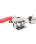 Heavy Duty 304 Stainless Steel Toggle Clamp With Strong Holding Latch Buckle For Electronic Assembly And Welding Projects seen at angle with red handle.