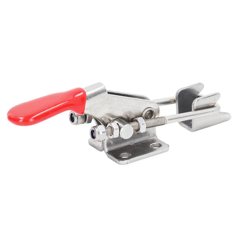 Heavy Duty 304 Stainless Steel Toggle Clamp With Strong Holding Latch Buckle For Electronic Assembly And Welding Projects seen at angle with red handle.