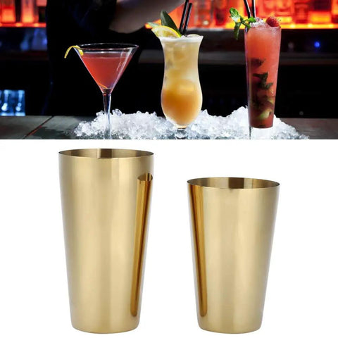 Top Shelf 304 Stainless Steel Cocktail Shaker Set With Polished Rustproof Finish Bartender Kit in gold with cocktails.