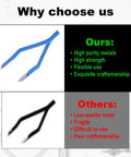 Comparison between high-quality blue aluminum tweezers and lower-quality black tweezers with text highlighting material and craftsmanship differences.