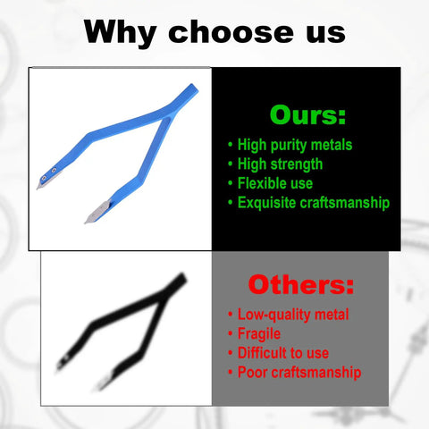 Comparison between high-quality blue aluminum tweezers and lower-quality black tweezers with text highlighting material and craftsmanship differences.
