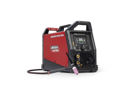 Square Wave 205 TIG Welder K5613 1 Portable TIG And Stick Welder, red and black unit with controls and display, for hobbyists and makers.
