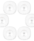 Six Pack Smoke Detectors with Ten Year Sealed Battery UL Rated for Total Peace of Mind Easy Hookup No Hardwiring Needed on white background.
