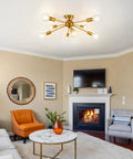 Living room with Gold Sputnik Ceiling Light Fixture Eight Arm Brass Chandelier Style Semi Flush Mount Mid Century Modern Lighting
