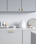 Top Shelf 20 Pack Square Cabinet Knobs Brushed Gold Single Hole Drawer Pulls Solid Zinc Alloy Heavy Duty Kitchen Cupboard Furniture Hardware Smooth Grip Quick Swap For Modern Home Reno Jobs showcased on grey cupboards.