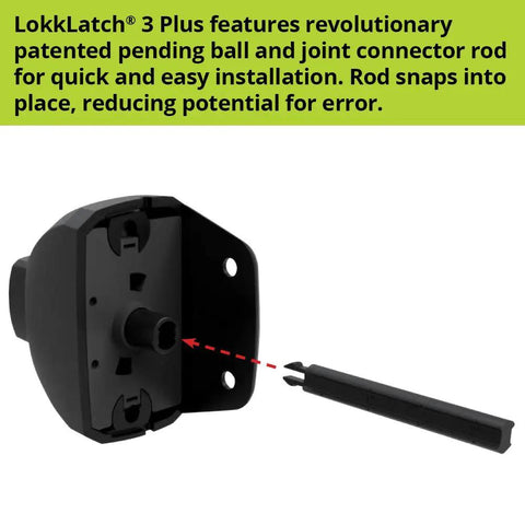 Rock Solid Gate Latch Lockable On Both Sides For Top Shelf Outdoor Security With Dual Side Key Access And Hassle Free Install Setup Perfect For Backyard Fences In Black, showing installation connector rod.