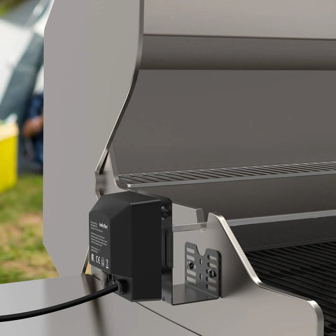 Side view of Universal Rotisserie Kit for 2-4 burner gas grills, showing motor and mounting bracket on grill