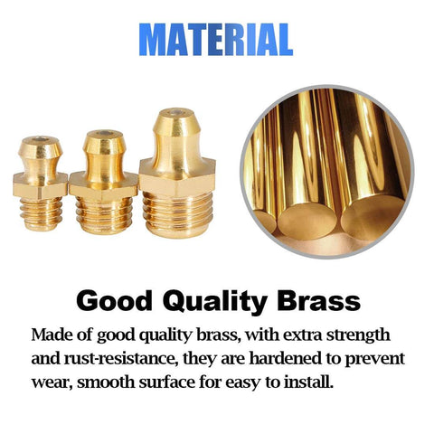 Close-up of 145-Piece Brass Zerk Grease Nipple Fittings Assortment Kit For Metric M6x1, M8x1, M10x1, highlighting brass material.