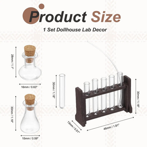 1/12 Scale Dollhouse Miniature Glass Test Tube Kit With Wooden Rack Brown Color Decorative Lab Gear For Dollhouse Science Scene
