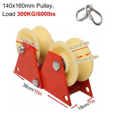 Heavy Duty Double Pulley System With Steel Rings And Nylon Groove Wheel for lifting 13.5 cm dia. Load 300kg, red frame.