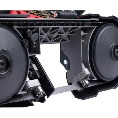 Close-up view of Ultra Light 18V Cordless Band Saw with Brushless Motor showing the blade and drive wheels for tough jobsite cuts.