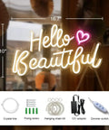 Hello Beautiful Neon Sign For Girl's Room Wall Decor With Dimmer Switch Romantic Neon Light For Weddings Valentine's Day Parties Gifts 12V Warm White With Power Adapter Included, showing dimensions and included accessories.