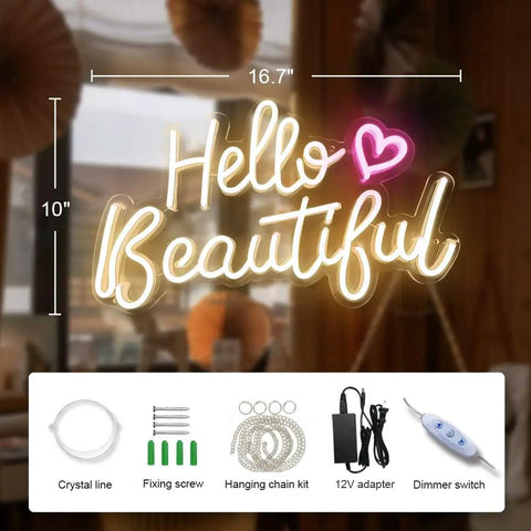 Hello Beautiful Neon Sign For Girl's Room Wall Decor With Dimmer Switch Romantic Neon Light For Weddings Valentine's Day Parties Gifts 12V Warm White With Power Adapter Included, showing dimensions and included accessories.
