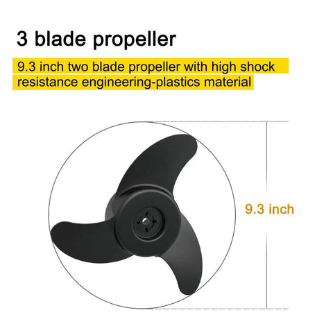 Quiet Riot 12V Bow Mount Trolling Motor 55 Lb Thrust 48 Inch Shaft Wireless Remote Control showing 9.3 inch two blade propeller.