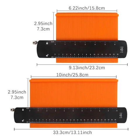 Digital Caliper, Contour Gauge Copy Tool with Lock 6/10 Inch showing two orange gauges with measurements.