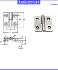 Diagram and image of 304 stainless industrial gate hinge with dimensions and installation details for heavy machinery doors.