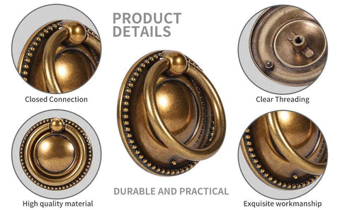 Product details of 8 Pack 2 Inch Antique Brass Ring Drawer Pulls With Round Plate Base For Cabinets And Cupboards, showing design and quality.