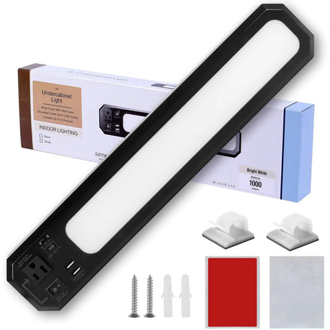 18 Inch Plug In Under Cabinet Lighting With 1000 Lumen LED 5 Foot Cord Dual USB Ports 120V 3 Prong Outlet And 3000K 4000K 5000K High Low Switch For Garage Workbench Kitchen showing light, box, and installation accessories