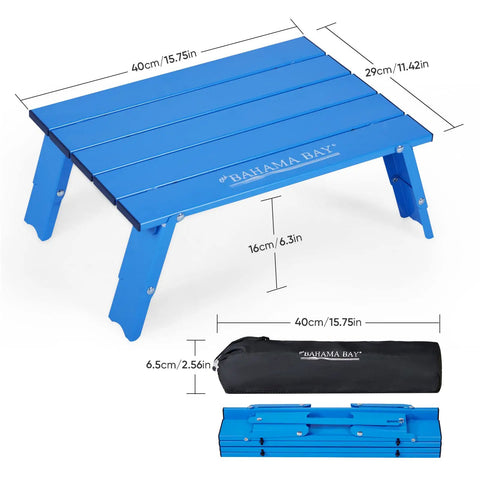Ultralight Aluminum Mini Table With Adjustable Retractable Legs, 66 Lb Capacity, Foldable Beach Picnic Table shown folded and in bag