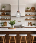 Red Antique Copper Glass Pendant Light With Cracked Glass Shade above kitchen island in modern kitchen setting.