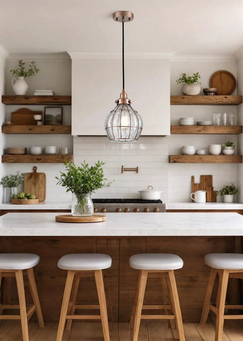 Red Antique Copper Glass Pendant Light With Cracked Glass Shade above kitchen island in modern kitchen setting.
