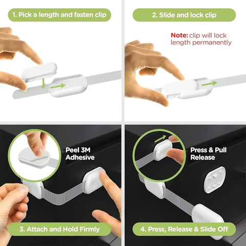 Installation steps for 8 Pack No Drill Baby Proofing Cabinet Locks with 3M Adhesive Adjustable Child Safety Latches