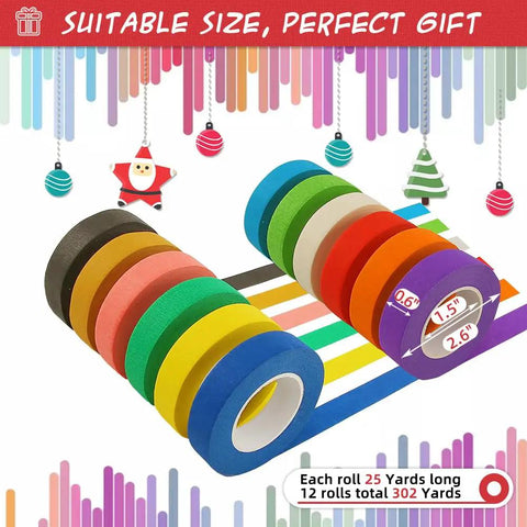 Rainbow Colored Masking Tape Set With 12 Vibrant Colors, Painter's Tape for Arts and Crafts, shown with decorative background.