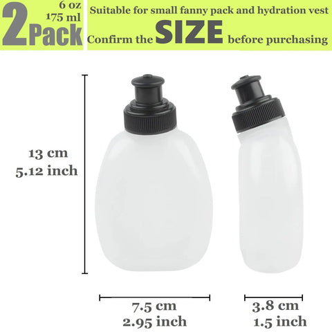 Two Pack 6oz Running Water Bottles For Hydration Belts And Waist Packs, shown with measurements, focus on compact size and leak proof sip lids.