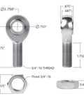 Heavy Duty Heim Joint Rod End Kit Two Piece Ball Socket Linkage System with precision threaded design and measurements.