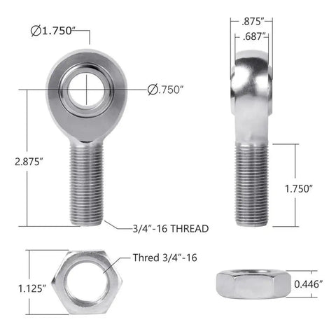 Heavy Duty Heim Joint Rod End Kit Two Piece Ball Socket Linkage System with precision threaded design and measurements.