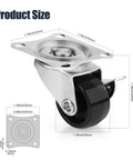 1 Inch Low Profile Swivel Caster Set Of 4 With No Noise Polypropylene Wheels For Furniture 360 Degree Top Plate Brakes 22 Lb Capacity Per Caster Durable Floor Friendly, showing wheel dimensions and metal top plate.