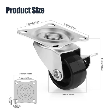 1 Inch Low Profile Swivel Caster Set Of 4 With No Noise Polypropylene Wheels For Furniture 360 Degree Top Plate Brakes 22 Lb Capacity Per Caster Durable Floor Friendly, showing wheel dimensions and metal top plate.