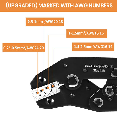Ratchet Wire Crimping Tool For Open Barrel Terminals, 24-14 AWG, Durable Steel Crimper showing AWG number markings