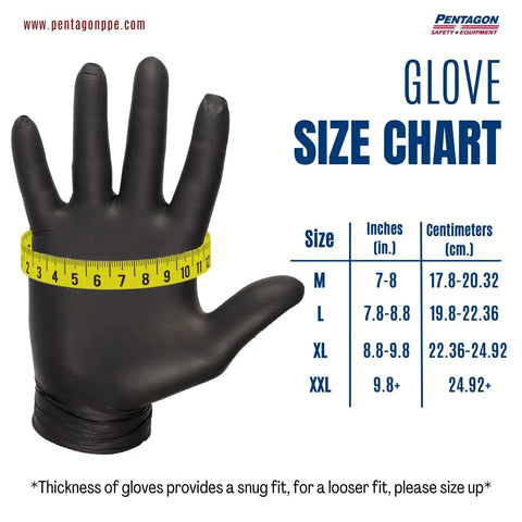 Heavy Duty Black Nitrile Gloves 7 Mil 100 Pack Large L with sizing chart and measuring tape around glove.