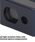 Close-up of dual light sensing apertures on Handheld Laser Distance Meter With Aluminum Alloy Build, ensuring high accuracy.