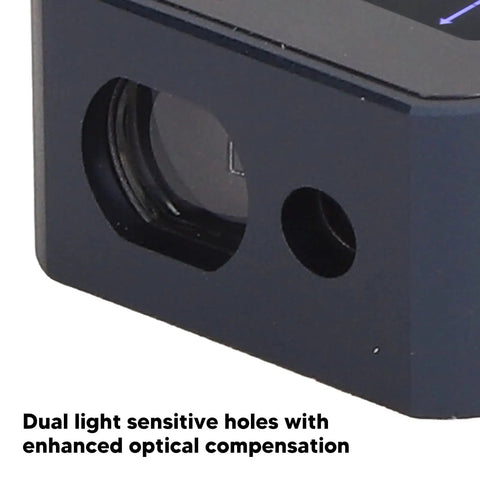 Close-up of dual light sensing apertures on Handheld Laser Distance Meter With Aluminum Alloy Build, ensuring high accuracy.