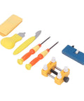 Watch Back Removal Repair Kit With Case Opener for battery replacement, yellow and blue tools with adjustable holder.