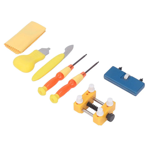 Watch Back Removal Repair Kit With Case Opener for battery replacement, yellow and blue tools with adjustable holder.