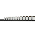 Set of 13 sockets in a row from Three-Eighths Inch Drive 12 Point Standard Socket Set SAE 13 Piece With Off-Corner Loading Design Chamfered Opening Guides Fasteners Hard Stamped Size Markings Bright Full Polish Chrome Finish
