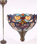 Orange Tiffany Style Floor Lamp With Stained Glass Shade, view of intricate glass details and antique bronze base, 12 inch wide