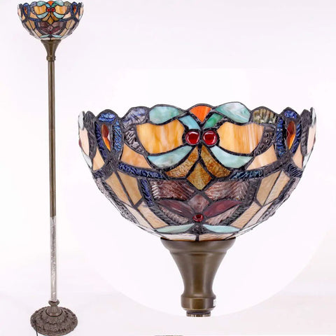 Orange Tiffany Style Floor Lamp With Stained Glass Shade, view of intricate glass details and antique bronze base, 12 inch wide
