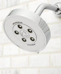 Neo Anystream High Pressure Adjustable Shower Head 2.5 GPM Polished Chrome with Custom Spray Patterns attached to shower arm