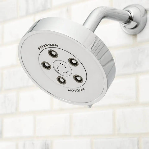 Neo Anystream High Pressure Adjustable Shower Head 2.5 GPM Polished Chrome with Custom Spray Patterns attached to shower arm