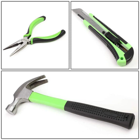 Green-handled pliers, utility knife, and hammer from Starter Cordless Drill Kit With 27 Pieces, 12V 1300mAh Power Drill And Driver Set For Home DIY