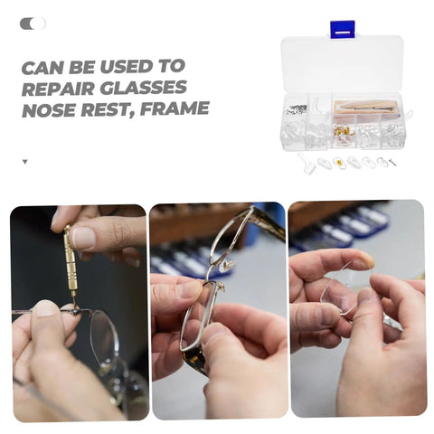 Eyeglass Repair Kit With Nose Pads, Screws, Screwdriver, Cleaning Cloth, And Versatile Eyewear Accessories for quick DIY fixes.