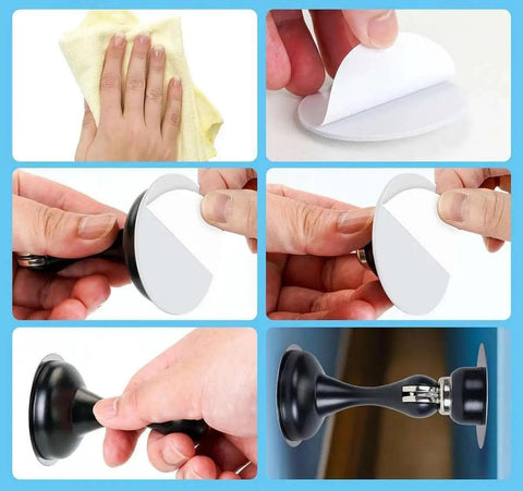 Hands preparing Solid Two Pack Black Magnetic Door Stop With Mounting Screws for installation, showing adhesive backing and grip.