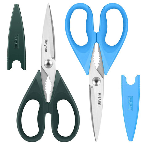 All Purpose Kitchen Scissors 2 Pack Heavy Duty Meat And Poultry Shears With Comfort Grip Handles, two colors shown with covers