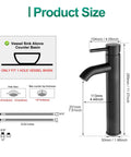Product size diagram for Chrome Vessel Sink Faucet Tall Modern Design With Single Handle One Hole Mount.